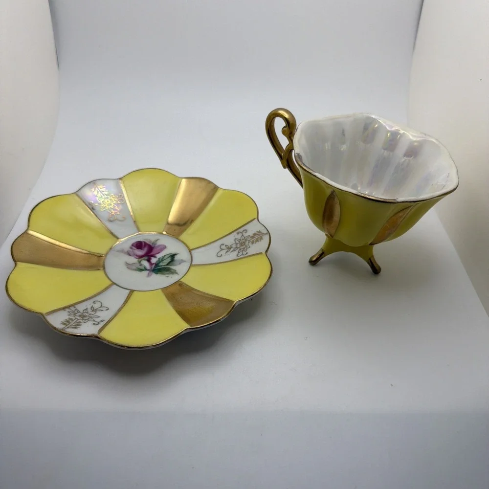 Vintage Wales Porcelain Footed Tea Cup Saucer Set Yellow Gold Lusterware Rose